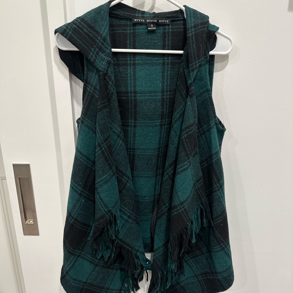 Green Plaid Hooded Fringe Vest by Hyfve Size S- perfect for holidays